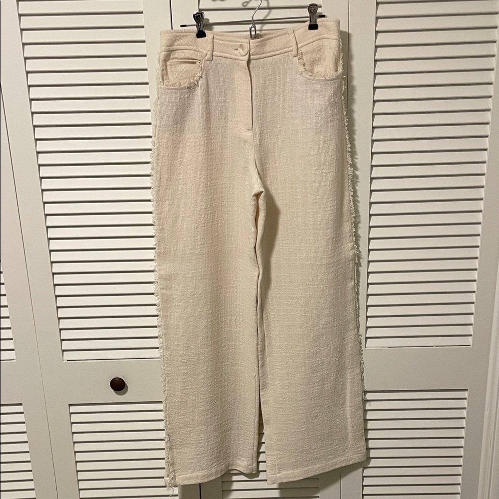 NWT Zara Cream Wide-Leg Pants with Fringe Detail